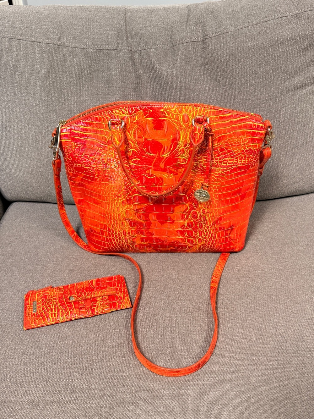 Brahmin Vibrant Orange and Yellow Croc-Embossed Satchel with Detachable Strap